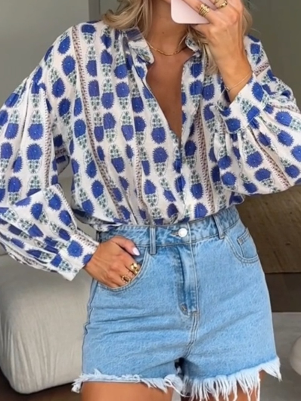 Blue & White Printed Peasant Blouse - Women Tops
